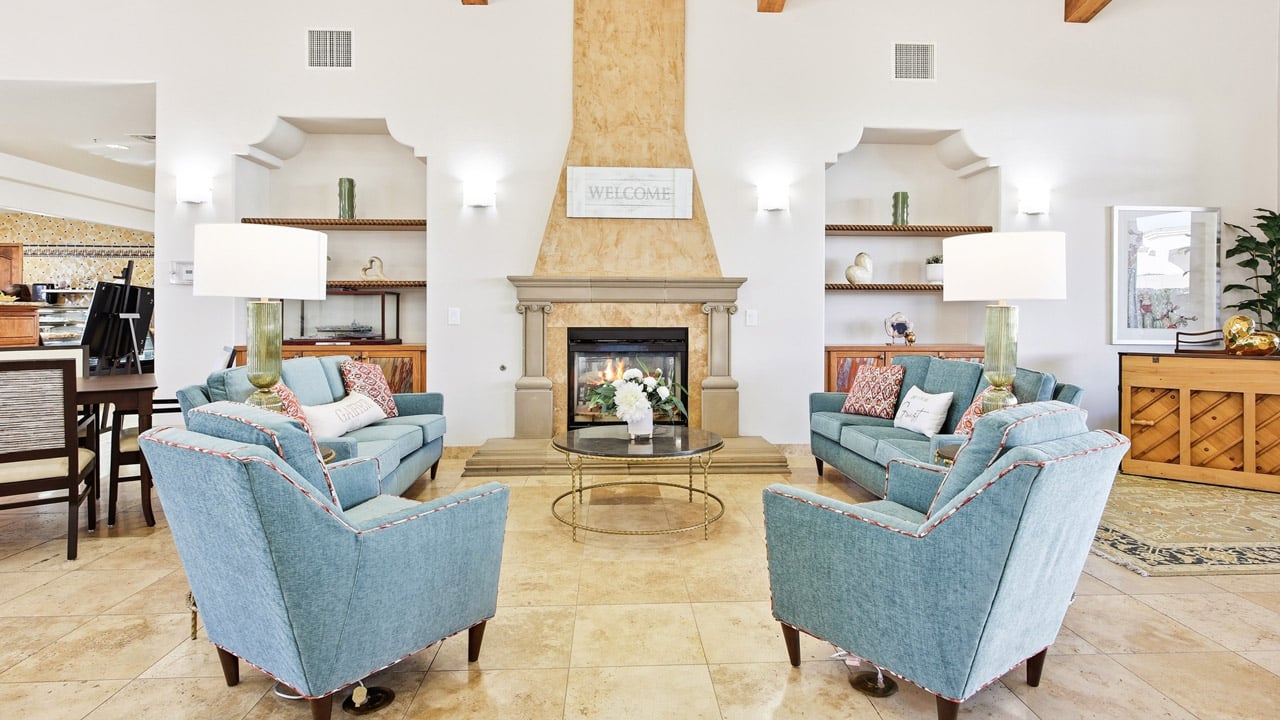 The atrium at The Peaks at Santa Rita